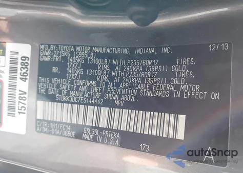 2014 Toyota Sienna Le V6 8 Passenger z USA, uszkodzony, nr VIN 5TDKK3DC7ES444442